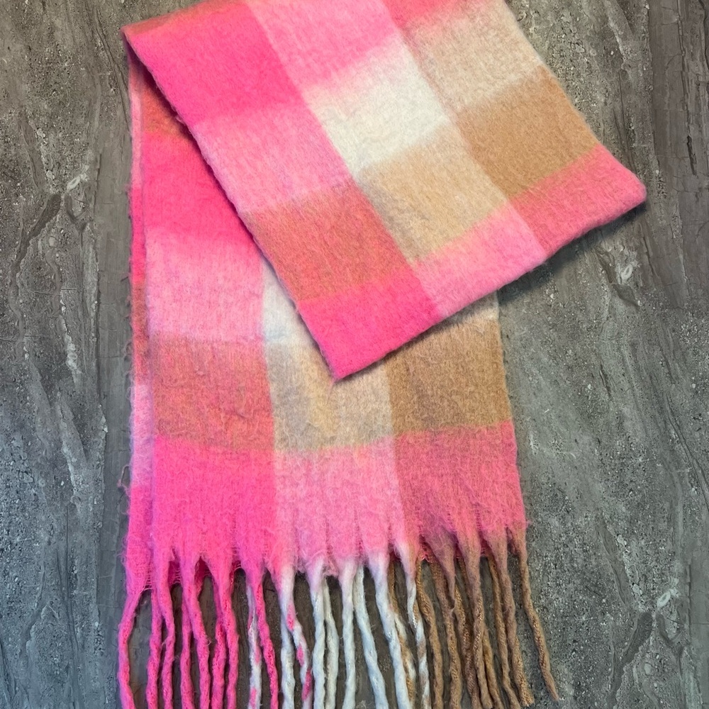 Pink and Tan Plaid Women's Scarf
